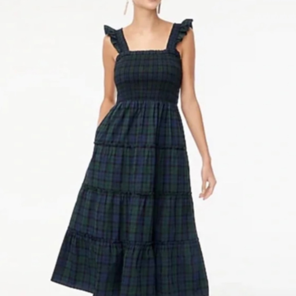 NWT J. Crew Cotton Poplin Smocked Tiered Plaid Midi Dress in Navy Green Tartan